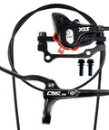 CNC MTB hydraulic disc brake set, black; right-front 800mm hose and left-rear 1450mm hose with levers and mounting bolts.
