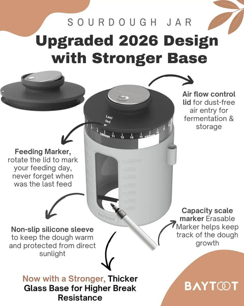 Sourdough Starter Jar Kit with 33 oz capacity, thick glass base, airflow lid, feeding marker, and spatula for home baking.