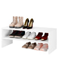 Stackable 28 Inch Extra Wide Two Shelf Wooden Shoe Organizer Rack For Closets And Hallways That Fits Up To Nine Pairs White Finish