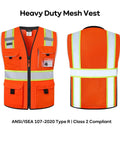 Front and back view of Orange Mesh Reflective Safety Vest With ID Pocket And Padded Neck, Heavy Duty Construction, Size XL