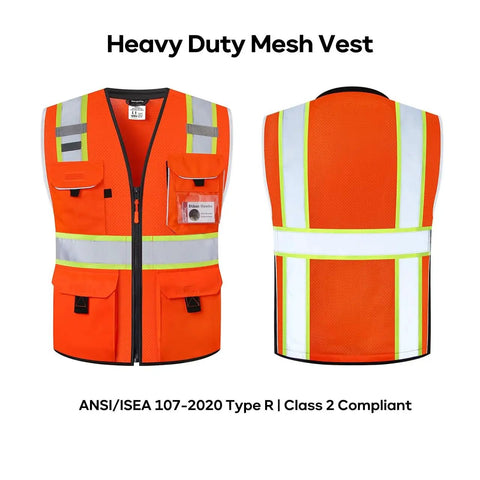 Heavy Duty Ansi Reflective Safety Vest In Bright Orange Mesh With Multi Function Pockets And 3M Retroreflective Tape front and back view