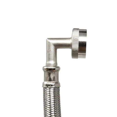 Close-up of Steam Dryer Hose Installation Kit 4 Ft Stainless Steel Flexible Connector with brass fitting detail.