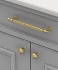 Gold Brushed Finish Cabinet Pulls Set Of 10 3 Inch Drawer Handles in zinc alloy installed on grey cabinet drawers