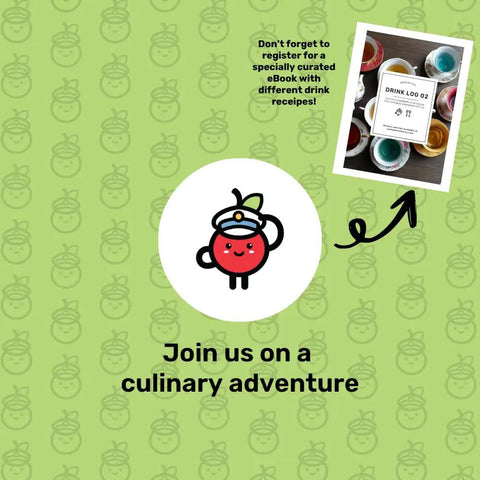 Green background with cartoon tomato chef and text promoting a culinary adventure. Arrow points to a photo of drink samples and an eBook offer.