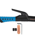 Welding electrode holder with insulated blue grip and multi-angle clamp; copper insert and Allen wrench included.