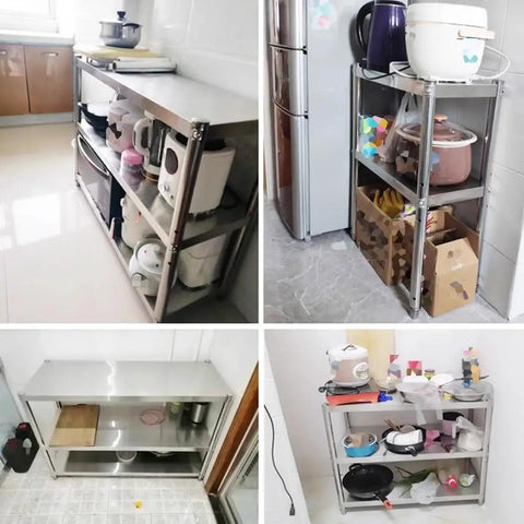 Top Shelf 3 Tier Stainless Steel Media Cart For Home Entertainment Setup Zero Sweat Audio Video Gear Stand Game Console Rack Soundbar Mount And Receiver Display in kitchen with various appliances.