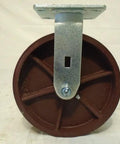 Heavy Duty Eight Inch Ductile Steel Swivel Casters With Brakes Plus Two Rigid Units shows front view of a steel swivel caster with red wheel.