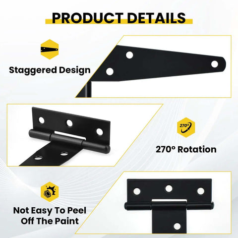 Product details of 4 Pack Heavy Duty T Strap Gate Hinges for Barn Doors, black 4 inch tee hinges with rotation and staggered design.