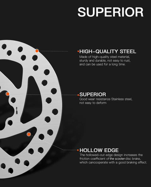 Close-up of 140Mm Scooter Brake Rotor Pad For Segway Ninebot KickScooter, stainless steel, six-hole round disc design.