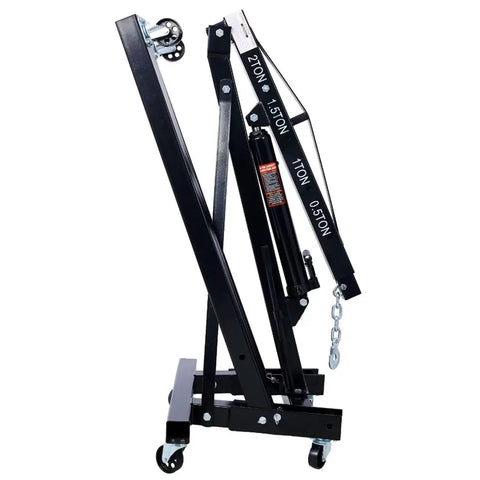 No Sweat Heavy Duty Hydraulic Engine Hoist 2 Ton Folding Cherry Picker Shop Crane side view with durable caster wheels.