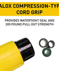 Valox compression-type cord grip on Yellow 15 Amp Watertight NEMA 4X 6P Straight Blade Connector 5-15R, 125V, 3-Wire Plug