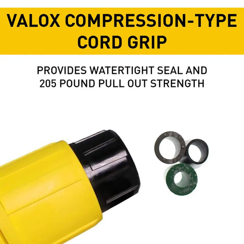 Valox compression-type cord grip on Yellow 15 Amp Watertight NEMA 4X 6P Straight Blade Connector 5-15R, 125V, 3-Wire Plug