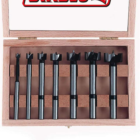 High Speed Steel Forstner Bit Drill Set For Precise Clean Holes In Any Wood Type Ideal For Pro Woodworking Projects One Quarter Inch To One Inch Diameter Bits With One Quarter To Three Eighths Inch Shank Three And A Half Inch Length Seven Piece Set displayed in wooden case