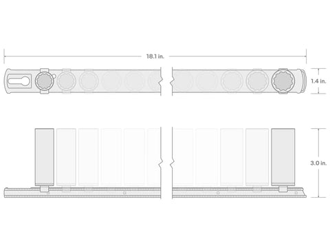 Diagram showing dimensions of deep twelve point three eighths inch drive socket set with rail, fifteen piece, side and top view.