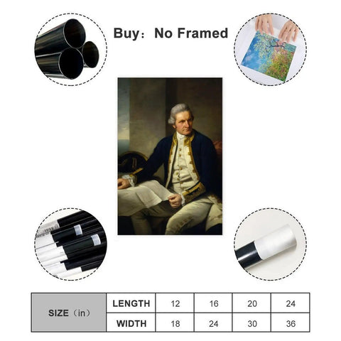 Captain James Cook Canvas Poster For Modern Home Walls 20x30 Inch Unframed with product details and material samples shown