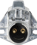 Heavy Duty Tractor Trailer Connector Socket For Power Tarp And Winch Systems Round Pin Truck Side Plug Die Cast Zinc Body showing round pin design with two gold contacts.