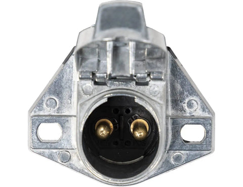 Heavy Duty Tractor Trailer Connector Socket For Power Tarp And Winch Systems Round Pin Truck Side Plug Die Cast Zinc Body showing round pin design with two gold contacts.
