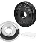 Two-Pack 5/8-11 Angle Grinder Flange Nuts Set With Tool Free Quick Release Locking Kit shown with black and silver flange nuts