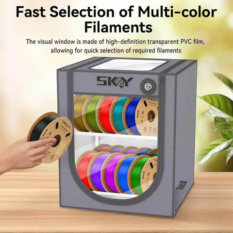 Premium Filament Storage Box With Hygrothermograph For 3D Printing, showing 20 colorful spools, dustproof, and waterproof design.