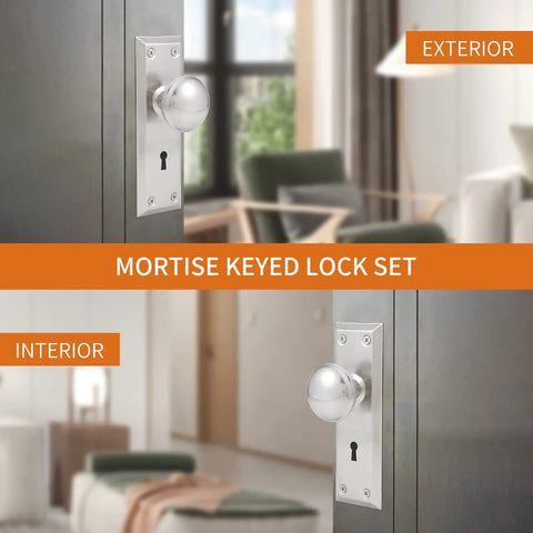 Three Pack Mortise Lock Set For Interior Doors With Privacy Lock And Skeleton Key Old School Style Door Knobs In Brushed Nickel Finish