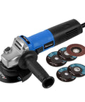 Badass 4.5 Inch Angle Grinder With 7.5 Amp Motor And 900W Power Delivers 11000 Rpm For Slick Cutting Grinding And Rust Removal Includes Sturdy Handle And Flap Disc For Tough Job Sites, shown with cutting discs.