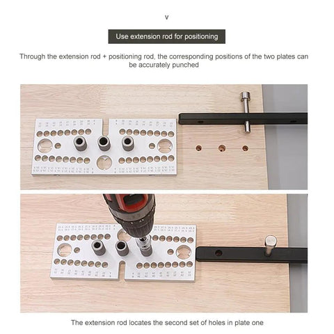 3 In 1 Adjustable Doweling Jig Kit For Woodworking Delivers Dead Nuts Accurate Hole Drilling with extension rod for precise positioning.