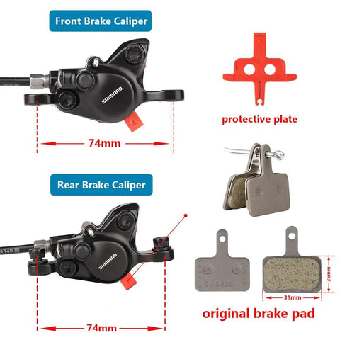 Front and rear e-bike hydraulic brake calipers with Shimano branding; 74mm width, includes protective plate and original brake pad