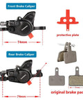 MT200 Hydraulic Disc Brake System Upgrade Kit With SM-RT56 160x180mm Rotors showing front and rear calipers, protective plate, and pads