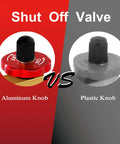 Comparison of aluminum knob and plastic knob on shut-off valve in 12 Piece Air Tank Repair Kit With Pressure Gauge And Hose Assembly