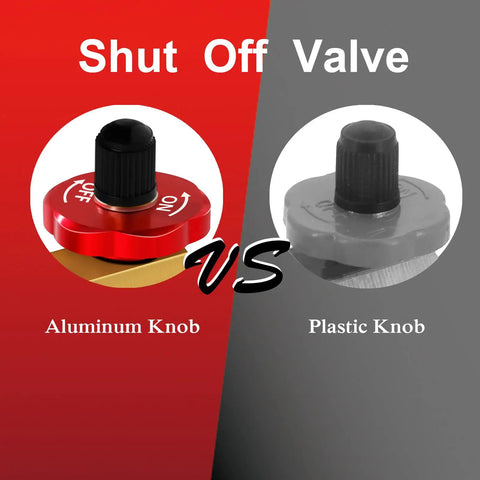 Comparison of aluminum knob and plastic knob on shut-off valve in 12 Piece Air Tank Repair Kit With Pressure Gauge And Hose Assembly