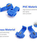 Front view of blue insulated quick-splice wire connectors for 22-10 AWG wiring, metal contact blades visible.