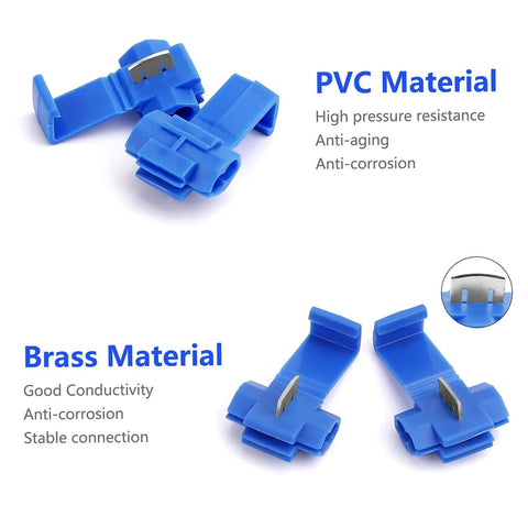 Front view of blue insulated quick-splice wire connectors for 22-10 AWG wiring, metal contact blades visible.