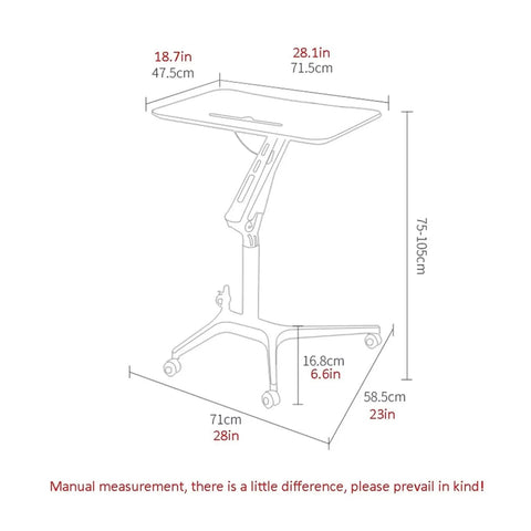 Smooth Glide Height Adjustable Mobile Laptop Desk And Sit Stand Workstation Table dimensions and design illustration with measurements.