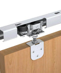 Close-up of ceiling-mounted galvanized steel track from Exterior Barn Door Hardware Kit With 76 Inch for up to 90 lbs door system.
