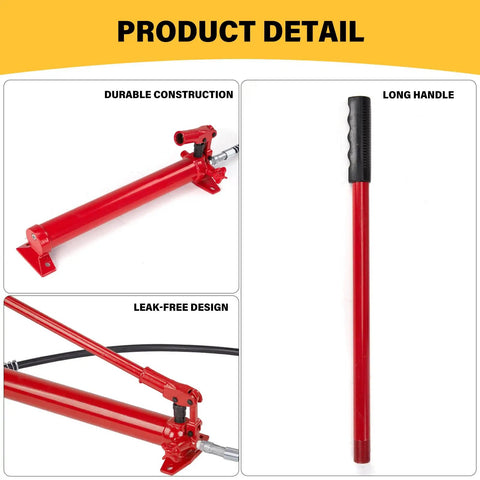 Industrial Grade 10 Ton Hydraulic porta power pack with sturdy rust proof chrome ram plunger and durable painted finish for truck, farm auto repair, detailed view.