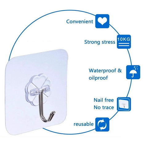 Slick Self Adhesive Wall Hooks Heavy Duty Stainless Steel with transparent flower design, supporting up to thirteen pounds.