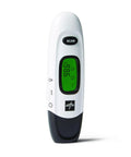 No Touch Infrared Forehead Thermometer Quick Read, Contactless Temperature Check In Celsius Or Fahrenheit, Fever Alert Lights, Surface Temp Mode, Kid Friendly, Great For Home, Clinic, And School. White plastic handheld thermometer with green display and scan button