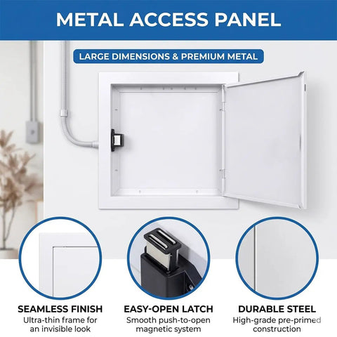 Top Shelf Heavy Duty Ceiling Access Panel For Drywall And Electrical Conduits With Sleek Aluminum Magnetic Latch Concealed Recessed Hatch Cover Plate White 18 By 24 Inch flush access panel with seamless finish and easy-open latch.