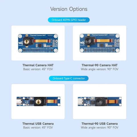 Version options of long wave infrared thermal imaging camera module for DIY projects, two HAT and USB camera types