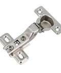 Box Of Two Inset Furniture Hinges Featuring Soft Close Hydraulic Damper For Kitchen Cabinet Doors showing polished steel hinge with mounting plate.