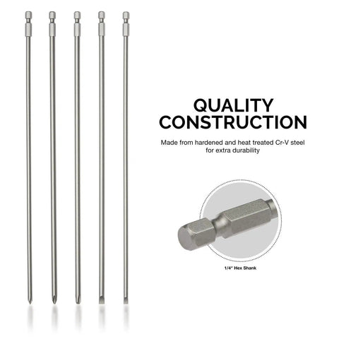 Extra Long 12 Inch Bit Set For Power Drivers 5 Piece Cr V Steel Screwdriver Bits Phillips PH1 PH2 PH3 And Slotted Three Sixteenths And One Quarter Inch Hex Shank Durable Long Reach Bits