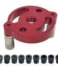 Heavy Duty Woodworking Dowel Jig Drill Guide With Vertical Pocket Hole Locating System featuring a red aluminum base and metric bushings.