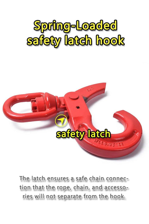 Red spring-loaded safety swivel lifting hook with self locking mechanism, 360 degree swivel for hoist and rigging, heavy duty 4410 lbs capacity.