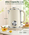 1.8L Electric Kettle With Temperature Gauge, 1500W Fast Boil, 304 Stainless Steel Retro Style Hot Water Kettle With Lit LED Light, Auto Shut Off And Boil Dry Protection on table with food