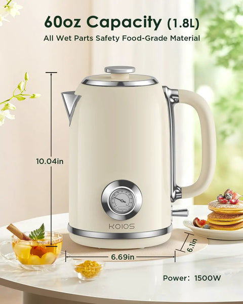 1.8L Electric Kettle With Temperature Gauge, 1500W Fast Boil, 304 Stainless Steel Retro Style Hot Water Kettle With Lit LED Light, Auto Shut Off And Boil Dry Protection on table with food