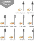 Ten Piece HSS Router Bit Set With One Eighth Inch Shank for DIY Woodworking Handyman Pro Grade showing different cutter shapes.