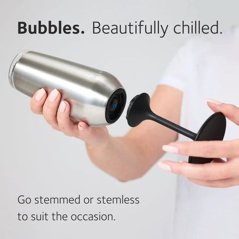 Top Tier Insulated Champagne Flute With Detachable Stem And Secure Lid Premium Stainless Steel Tumbler shown being held.