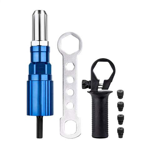 Attachment Kit For Drill With High Torque Pop Rivet Head, electric rivet tool components shown including wrench and grip handle.