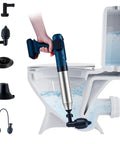 High Pressure Air Plunger Gun For Clogs With Detachable Heads in use clearing a toilet with water splashing, showcasing detachable heads.