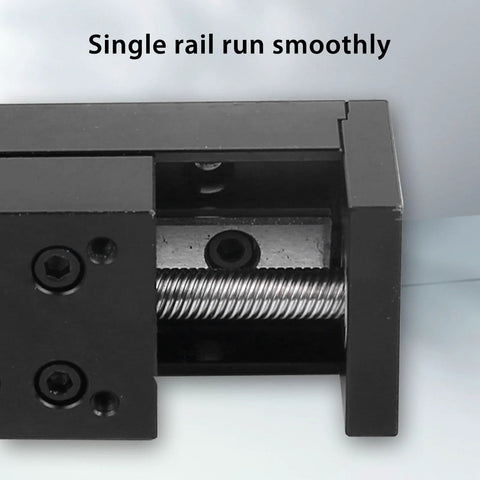 Black mini linear rail slide actuator with visible threaded lead screw